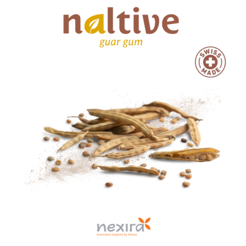 1-2 Taste Nexira - naltive™ Guar gum with dried guar pods and seeds, Swiss Made label visible